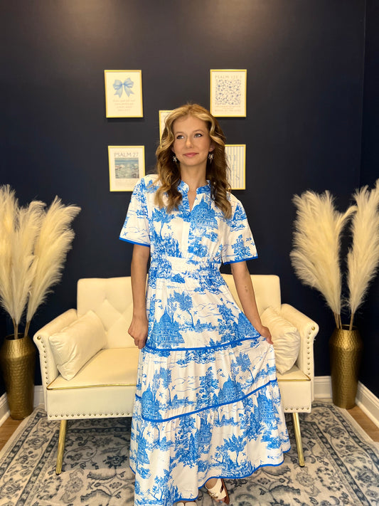 The Blue Manor Toile Maxi Dress