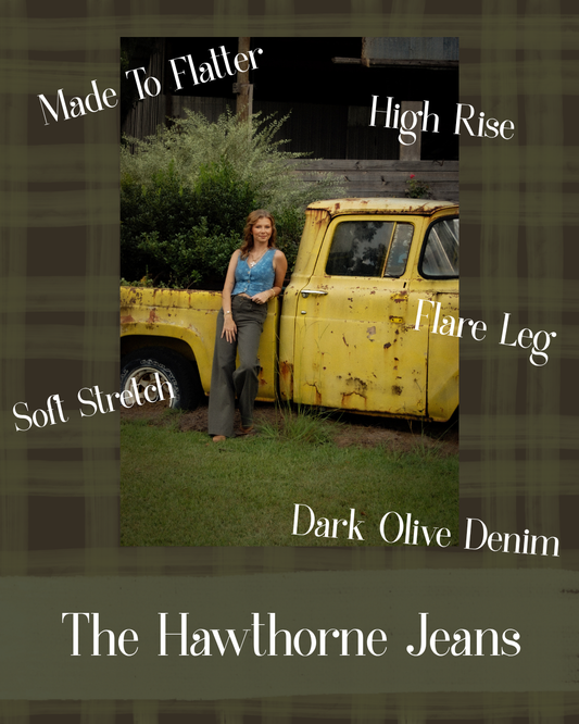 A promotional graphic for 'The Hawthorne Jeans' featuring a model wearing dark olive high-rise flare jeans, leaning against a vintage yellow truck. The image is framed by a dark olive plaid border with white text highlighting key features: 'Made To Flatter', 'High Rise', 'Flare Leg', 'Soft Stretch', and 'Dark Olive Denim'.