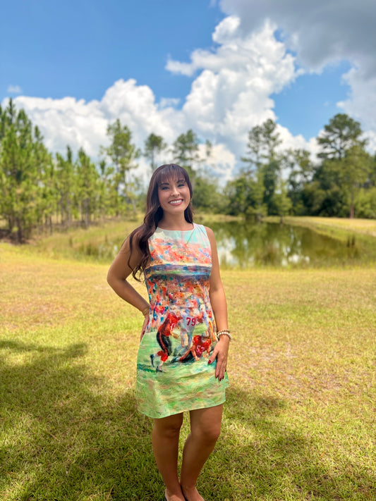 A woman stands outdoors on a grassy field with trees and a pond in the background, wearing a sleeveless knee-length dress with a colorful abstract landscape print featuring green, orange, red, blue, and white.